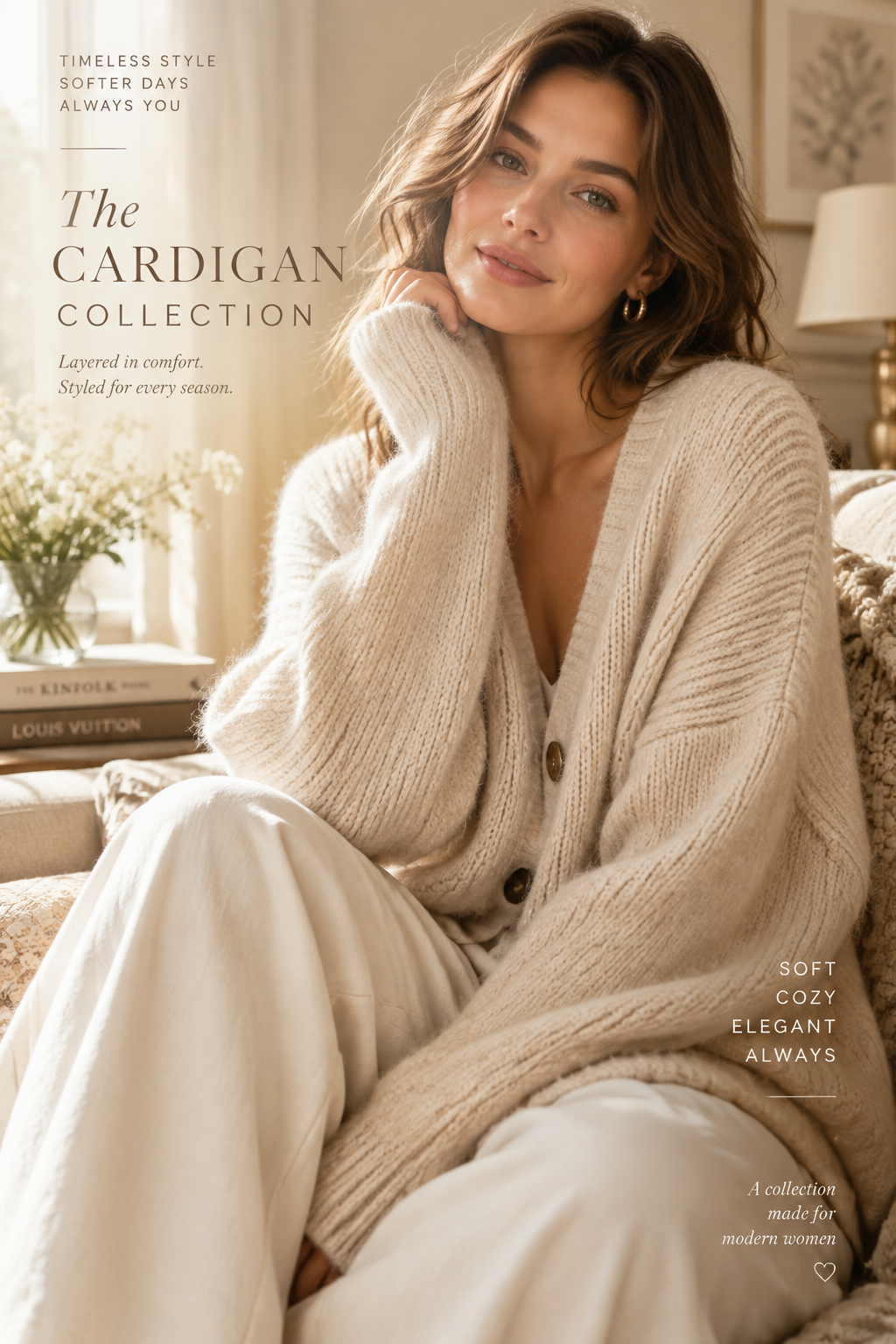 Frau in einem cremefarbenen Cardigan, stimmungsvolles Motiv der Cardigans-Kollektion von LA DEA STEFANIE