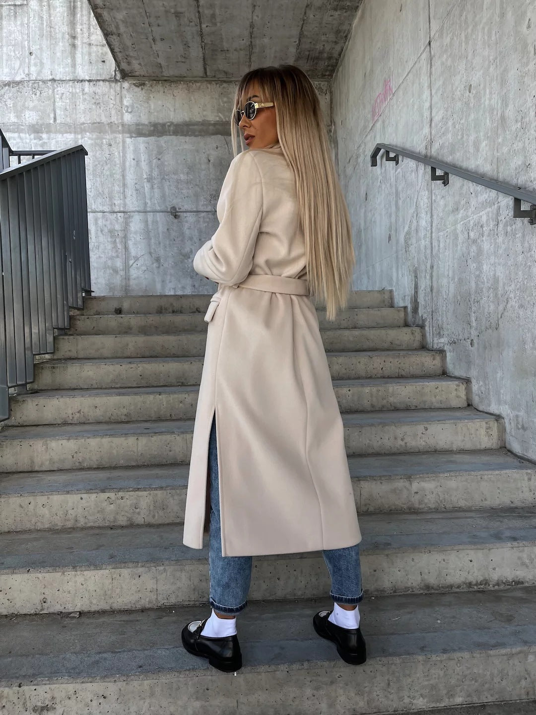 Double-breasted Lapel Split Jacket With Belt Winter Fashion Casual Long Sleeve Button Daily Coats For Women Clothing