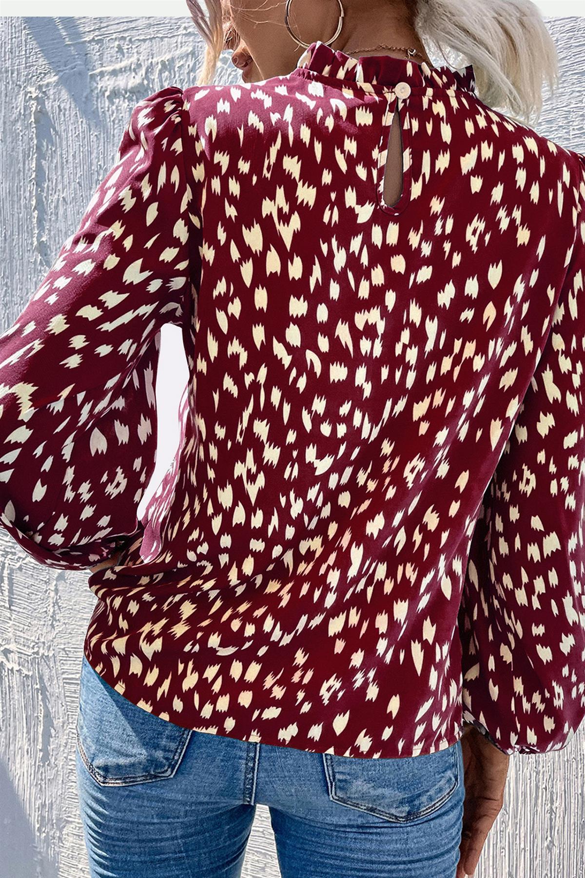 Animal Print Frill Detail High Neck Top In Wine