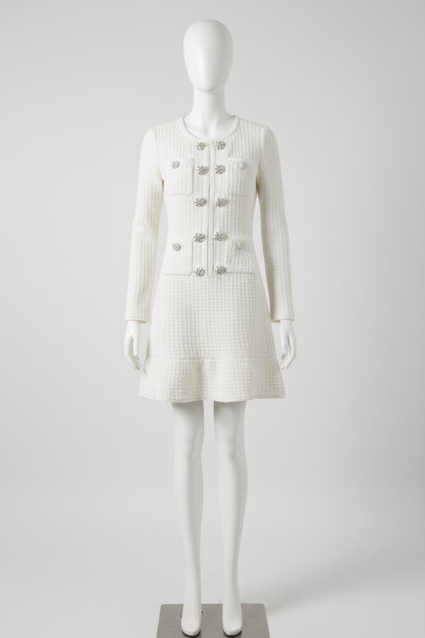 Elegantes Damen Woll-Tweedkleid Weiß