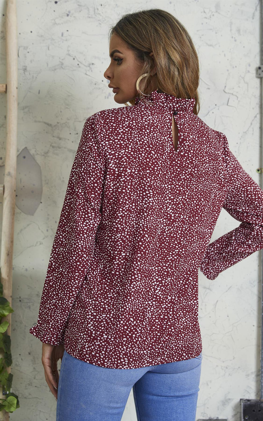 Frill Detail High Neck Top In Wine Red & White Animal Print