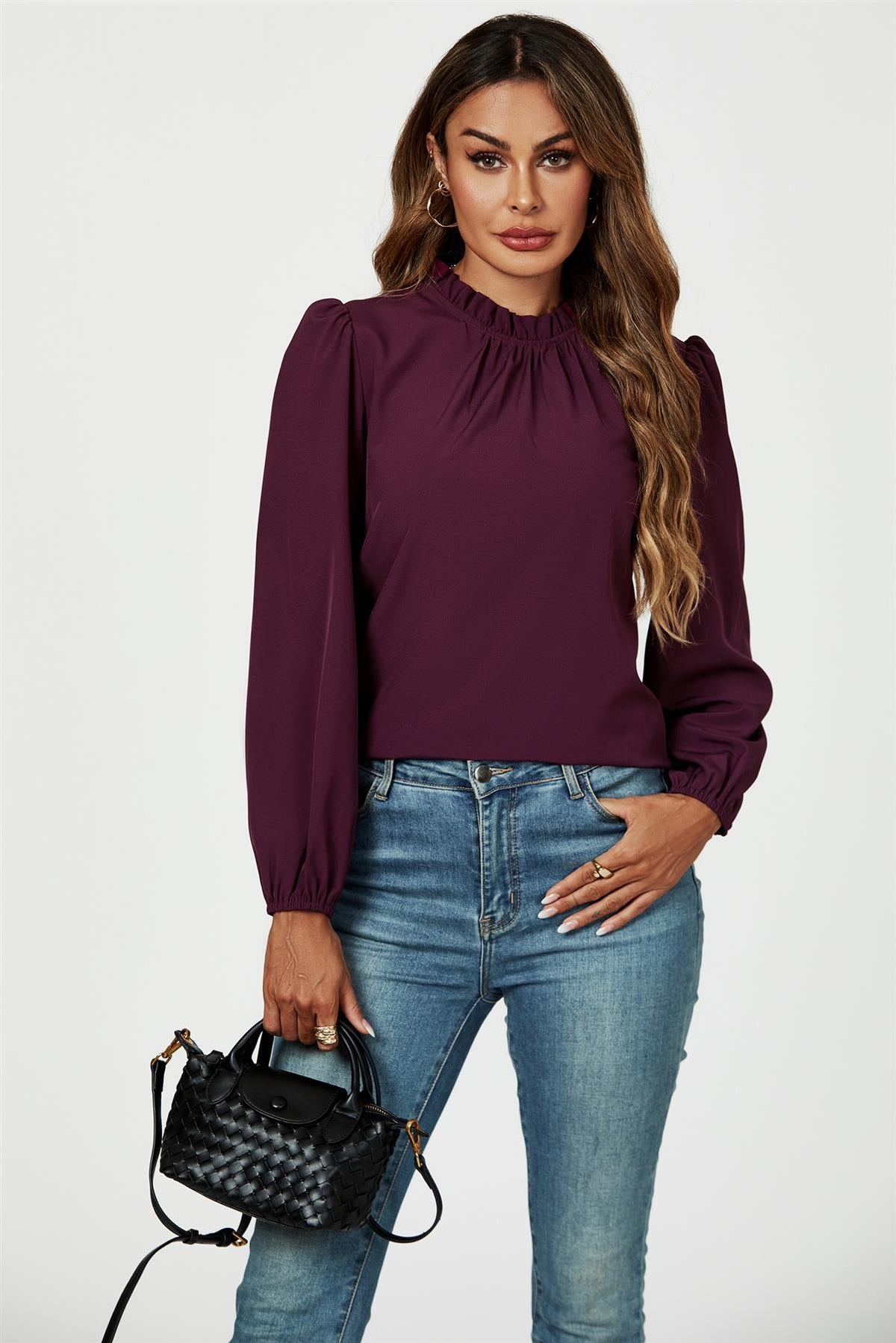 Frill Detail High Neck Top In Plum