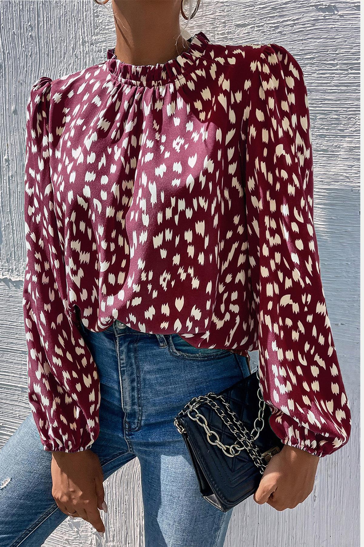 Animal Print Frill Detail High Neck Top In Wine
