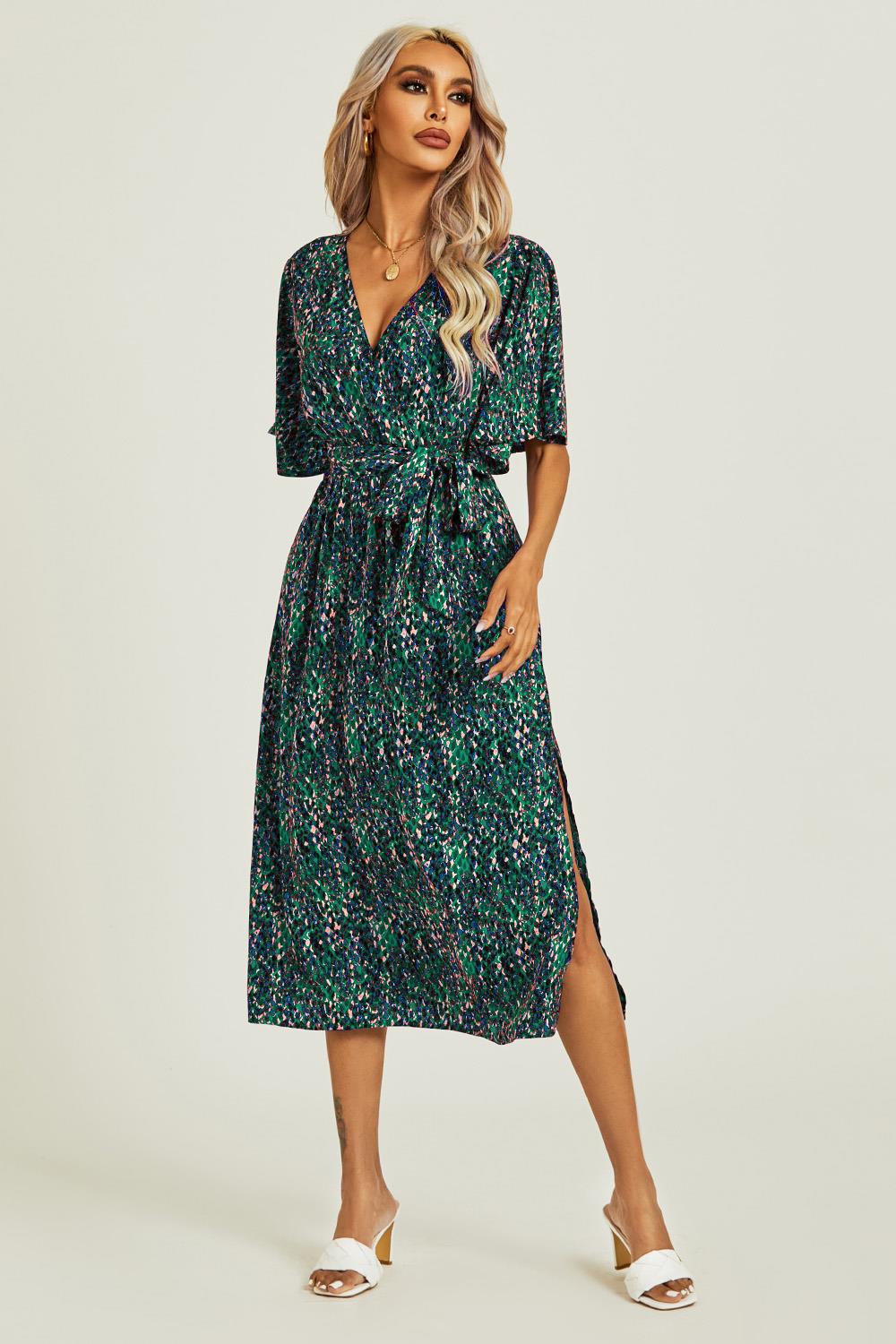 Angel Sleeve Wrap Top Midi Dress In Green