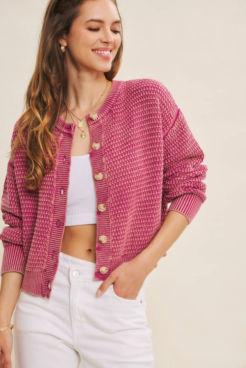 Baumwoll-Cardigan mit Zopfmuster – verwaschenes Fuchsia