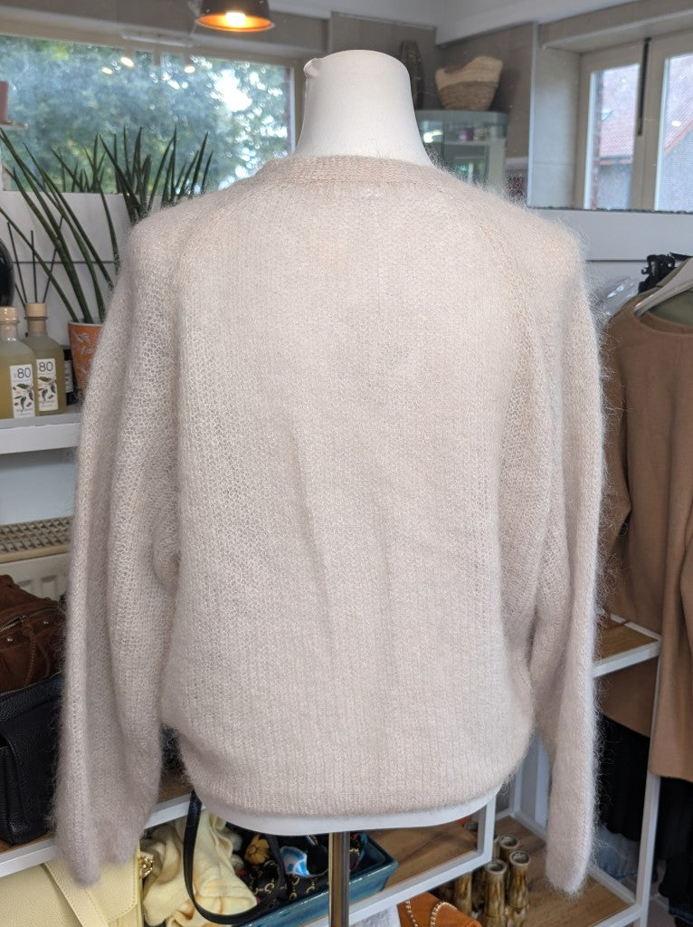 Pullover Soft 80% Kid Mohair Knoten Schleife V-Ausschnitt Beige Flausch Pulli One Size - von Mioni Italien 28047