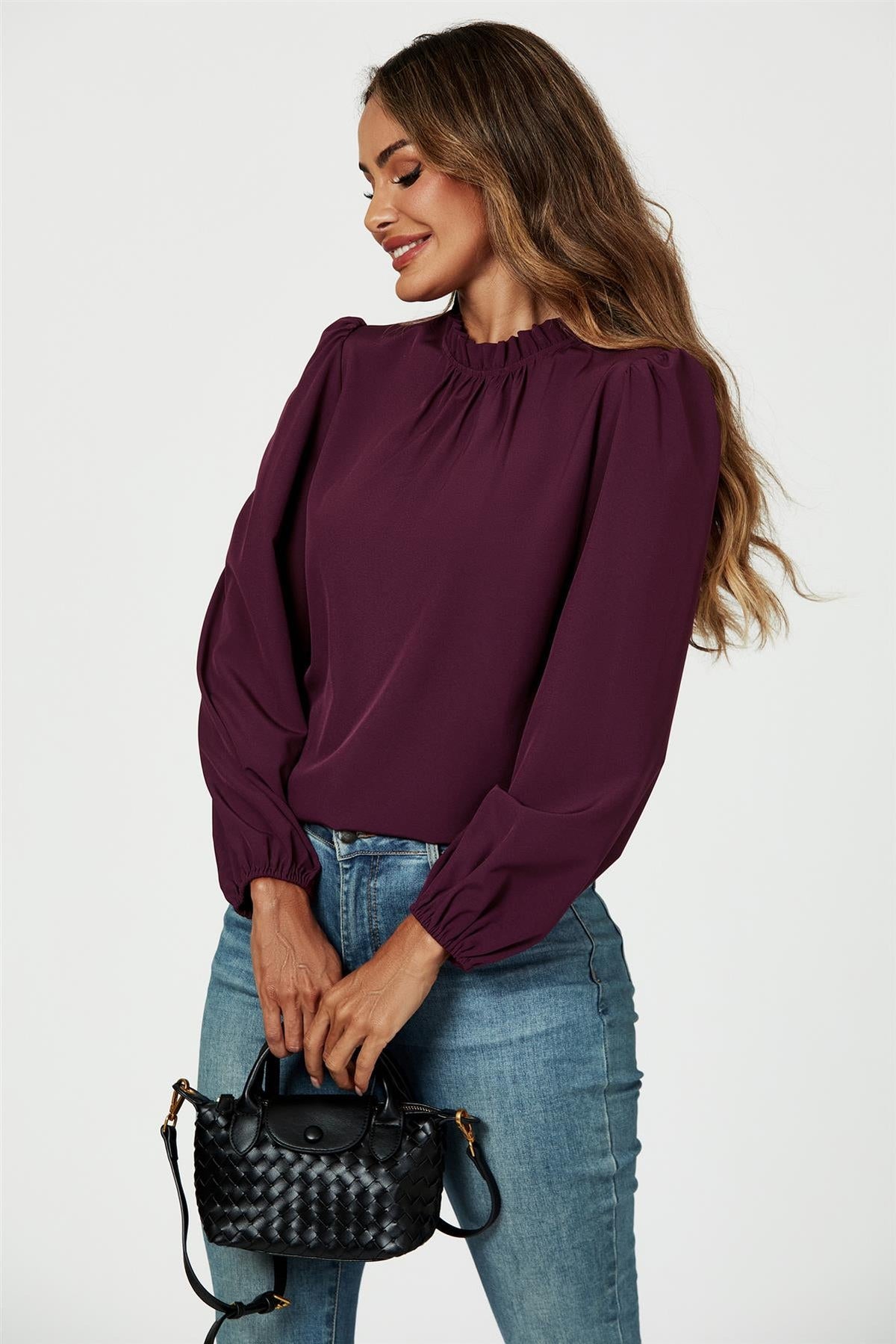 Frill Detail High Neck Top In Plum