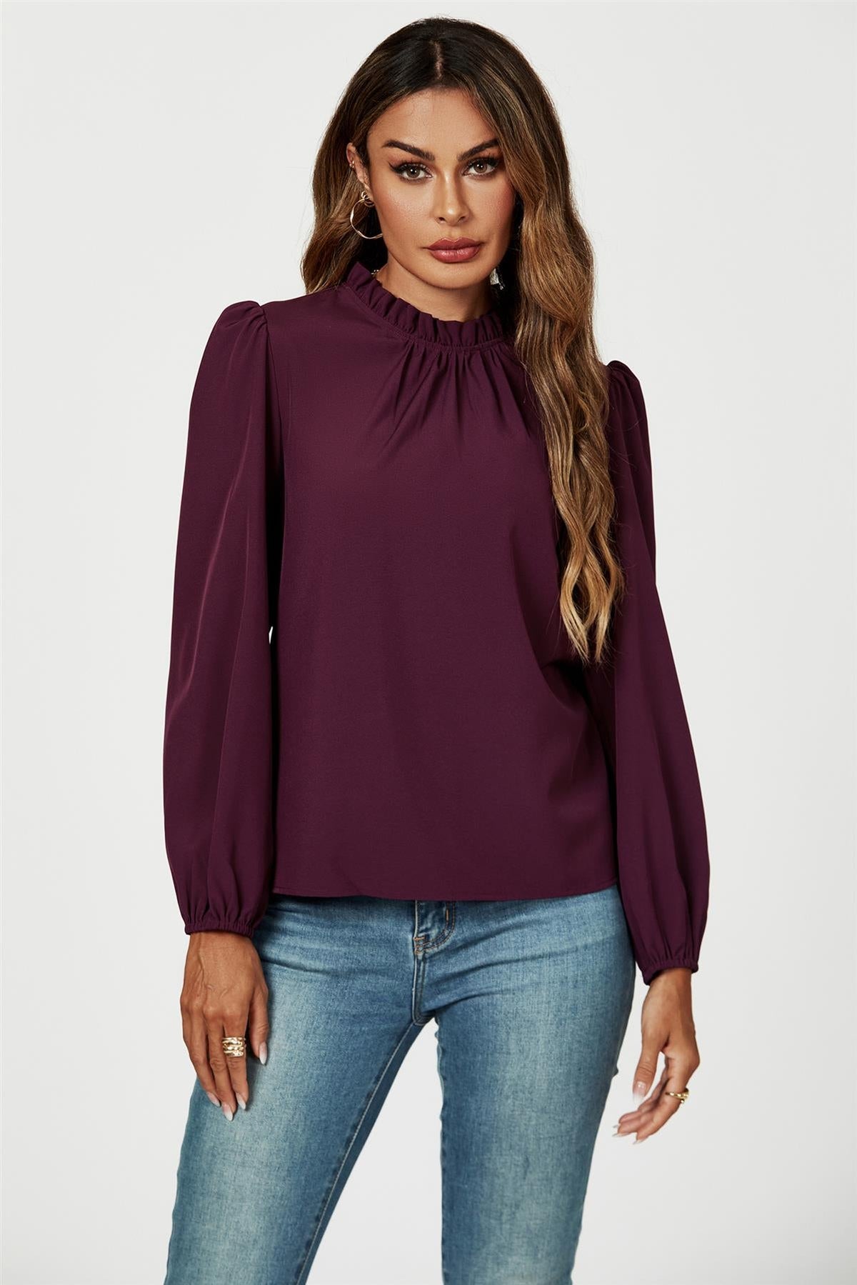 Frill Detail High Neck Top In Plum