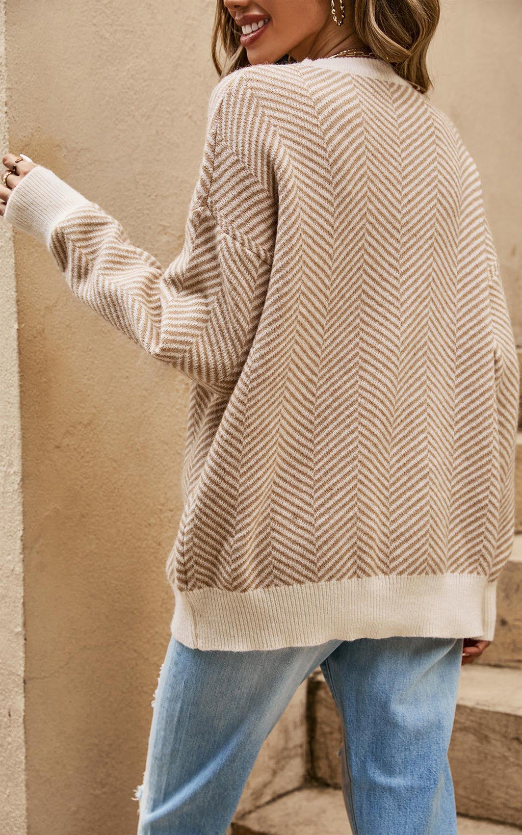 Chic Geometric Intarsia Knit Jumper Top In Beige & Taupe
