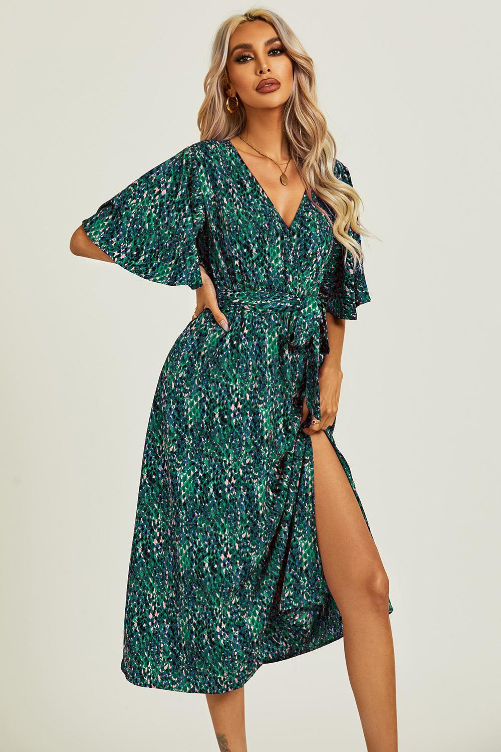Angel Sleeve Wrap Top Midi Dress In Green